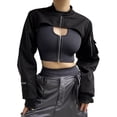 thumbnail image 4 of hirigin Women Fashion Personality Crop Tops Solid Color Stand Collar Long Sleeve Zipper Short Jacket Pockets Cargo Tops Streetwear, 4 of 9