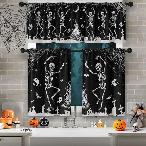 Halloween Dancing Skulls Kitchen Window Curtains and Valances Set 36 Inch, Ghost Pumpkin Bat Black Short Tier Curtain for Cafe Living Room Bathroom, Happy Halloween 3 Pieces Set Kitchen Decor