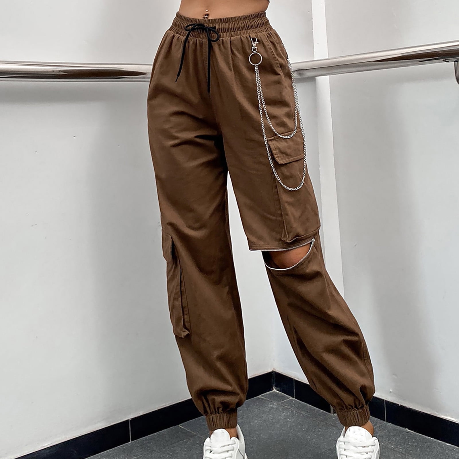 Women s High Waist Jogger Pants Casual Cargo Elastic Waist Cuff Sweatpants Zipper Knee Y2k Streetwear Trousers