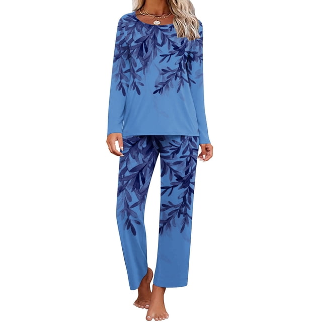 PEZHADA FY24 Économies d'Automne Vêtements de Nuit pour Femmes Ensemble de Pyjama, Pyjamas pour Femmes Ensemble Coton, Chemise de Nuit à Col Rond à Manches Courtes Imprimée pour Femmes et Ensembles Pantalon Tenue de Détente Pyjamas avec Poches Bleu