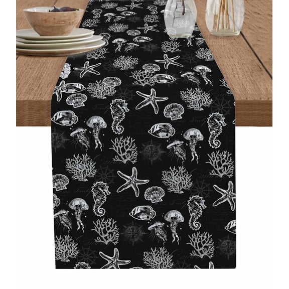 Black Coastal Table Runner 60 Inches, Nautical Starfish Jellyfish Seahorse Bed Runner Dresser Scarves Tabletop for Indoor Outdoor Parties/Ceremony/Banquet, 13" x 60"