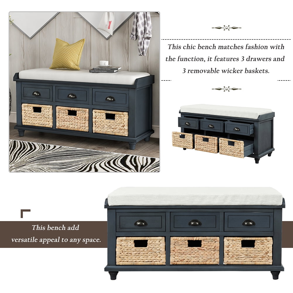 Lowestbest Shoe Bench with Removable Cushion, Rustic Storage Bench with 3 Drawers and 3 Rattan Baskets (Navy) Lowestbest Shoe Bench with Removable Cushion, Rustic Storage Bench with 3 Drawers and 3 Rattan Baskets (Navy)