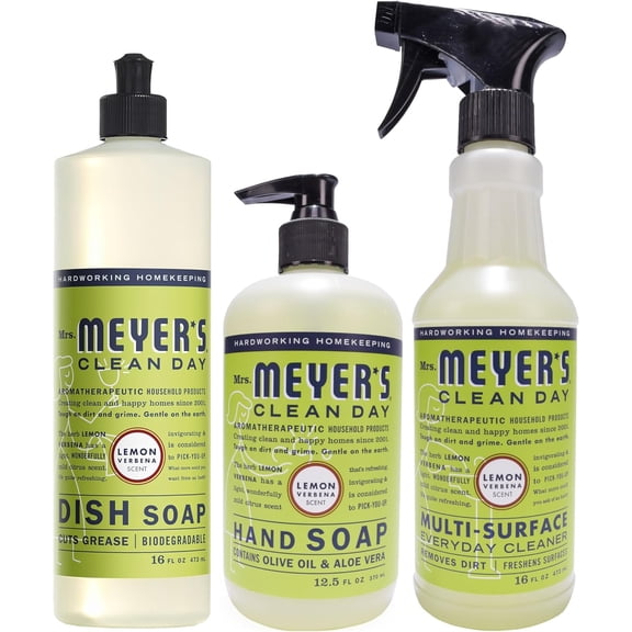 MRS. MEYER'S CLEAN DAY Kitchen Essentials Set, Includes: Hand Soap, Dish Soap, and All Purpose Cleaner, Lemon Verbena, 3 Count Pack
