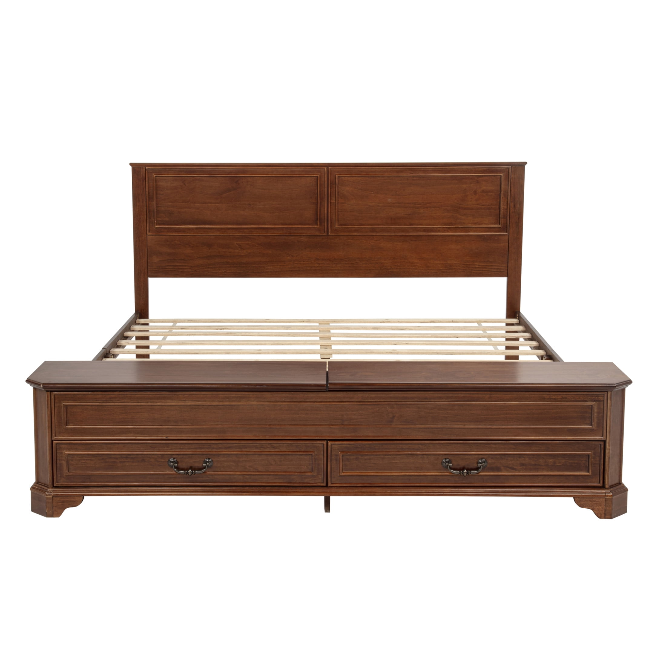 Noble House Reinaldo Queen Farmhouse Pine Bed with Integrated Bench, Storage Drawers and Flip-Top Containers, Walnut