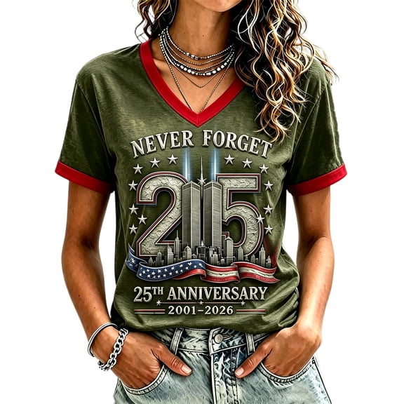 Women's Never Forget 9/11 Shirt 25th Anniversary Memorial Tee with Twin Towers & USA Flag Patriotic Graphic Top Army Green L