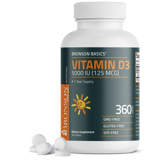 Bronson Vitamin D3 5,000 IU (125 MCG) 1 Year Supply for Healthy Muscle Function and Immune Support, Non-GMO, 360 Tablets