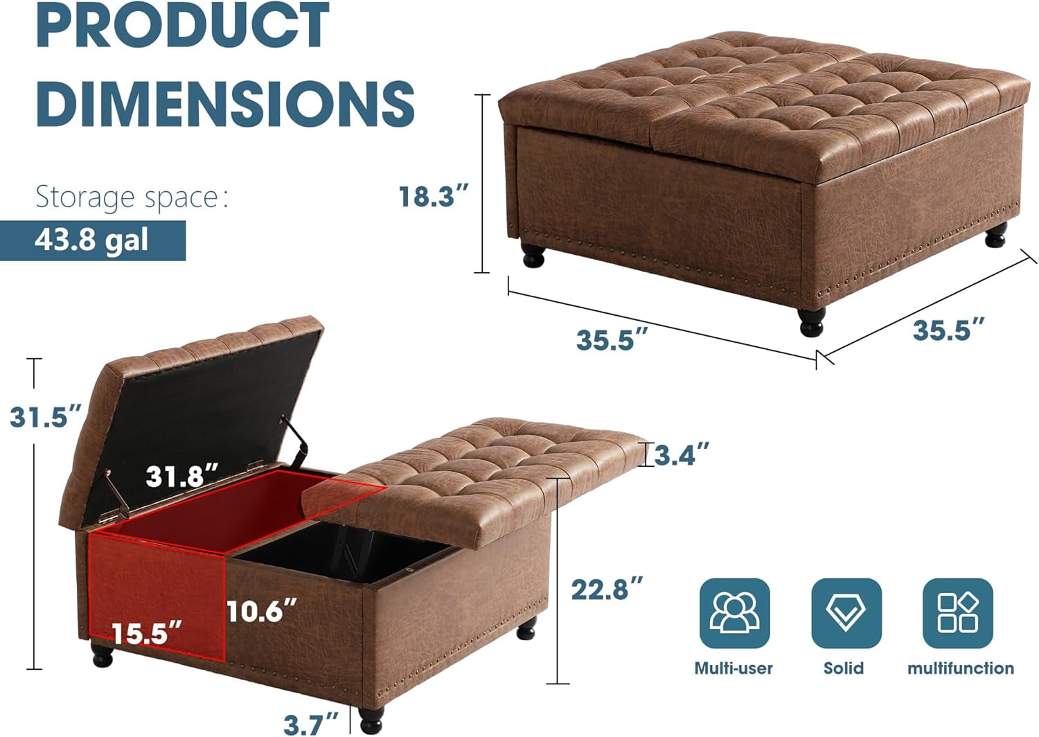 Haverchair 35.5" Large Storage Ottoman Coffee Table, Square Ottoman Bench with Storage, Lift Top Oversized Storage Ottomans, Tufted Upholstered Coffee Tables for Living Room, Bedroom (Brown)