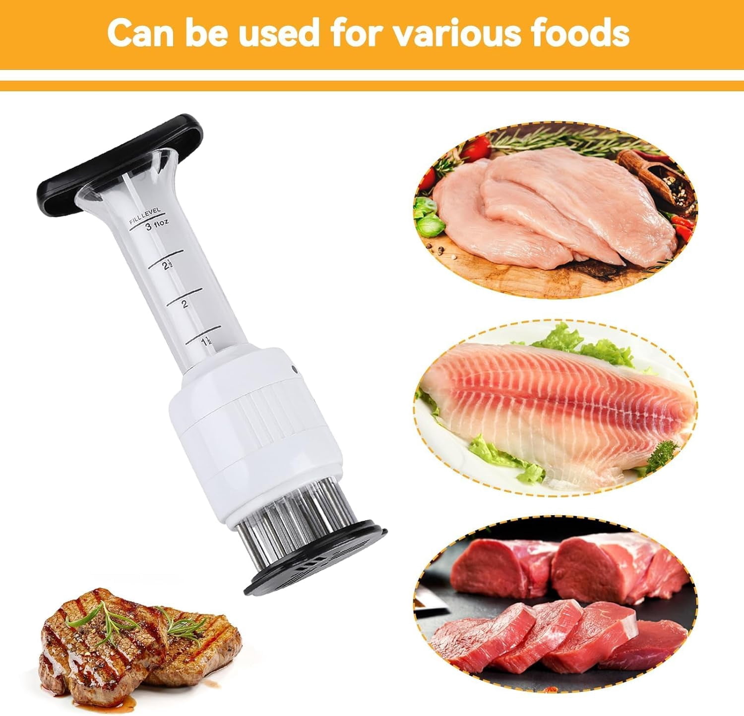 2-in-1 Meat Tenderizer with Marinade Injector, Stainless Steel Needles Flavor Marinade Meat Injector Syringe for BBQ Steak Beef Turkey Brisket Pork Kitchen Cooking Tenderizing Steak Beef Poultry