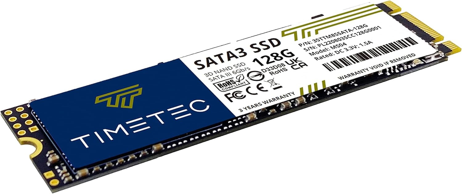 Timetec 128GB SSD 3D and TLC SATA III 6Gb/S M.2 2280 NGFF 64TBW Velocidad de Lectura de hasta 500MB/S SLC Caché Mejora el Rendimiento Unidad Interna de Estado Sólido para Computadora Portátil y de Escritorio (128GB)