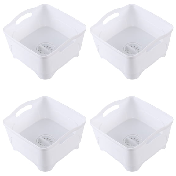 Xyskin 4-Pack 10 L Plastic Wash Basin with Draining Plug, 2.6 Gallon Multiuse Kitchen Sink Tub with Handle, White
