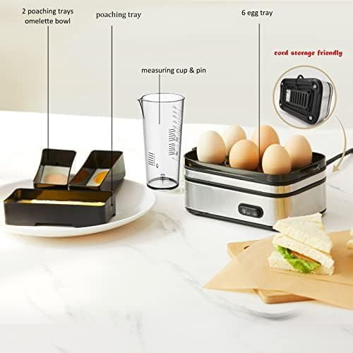 Rapid Egg Cooker Electric 6 Eggs Capacity, Soft, Medium, Hard Boiled, Poacher, Omelet Maker Egg Poacher With Auto Shut-Off, BPA Free Silver