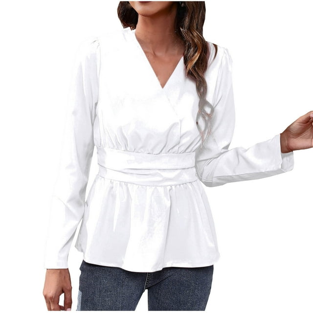 Camisa de chifón con manga farol y cuello en V para mujer de otoño e invierno, Top de manga larga con cintura de Color sólido Pompotops FGAJ14415