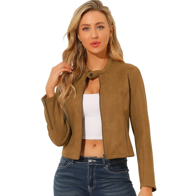 Chaqueta de Gamuza Sintética Allegra K Cuello Alto Marrón L