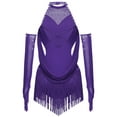 thumbnail image 2 of SiiRoh Girls Sparkly Fringe Jazz Latin Dance Leotard Ruched Mesh Drapes Cutout Bodysuit with Gloves Purple 6, 2 of 5