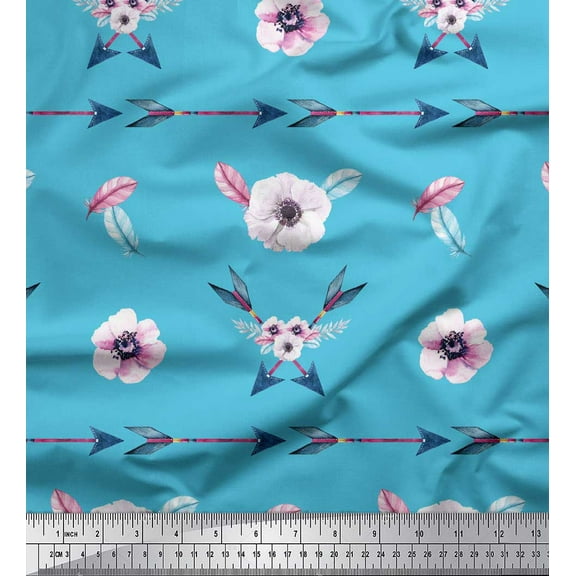 Soimoi Blue Cotton Duck Fabric Arrow & Anemone Floral Decor Fabric Printed Yard 42 Inch Wide