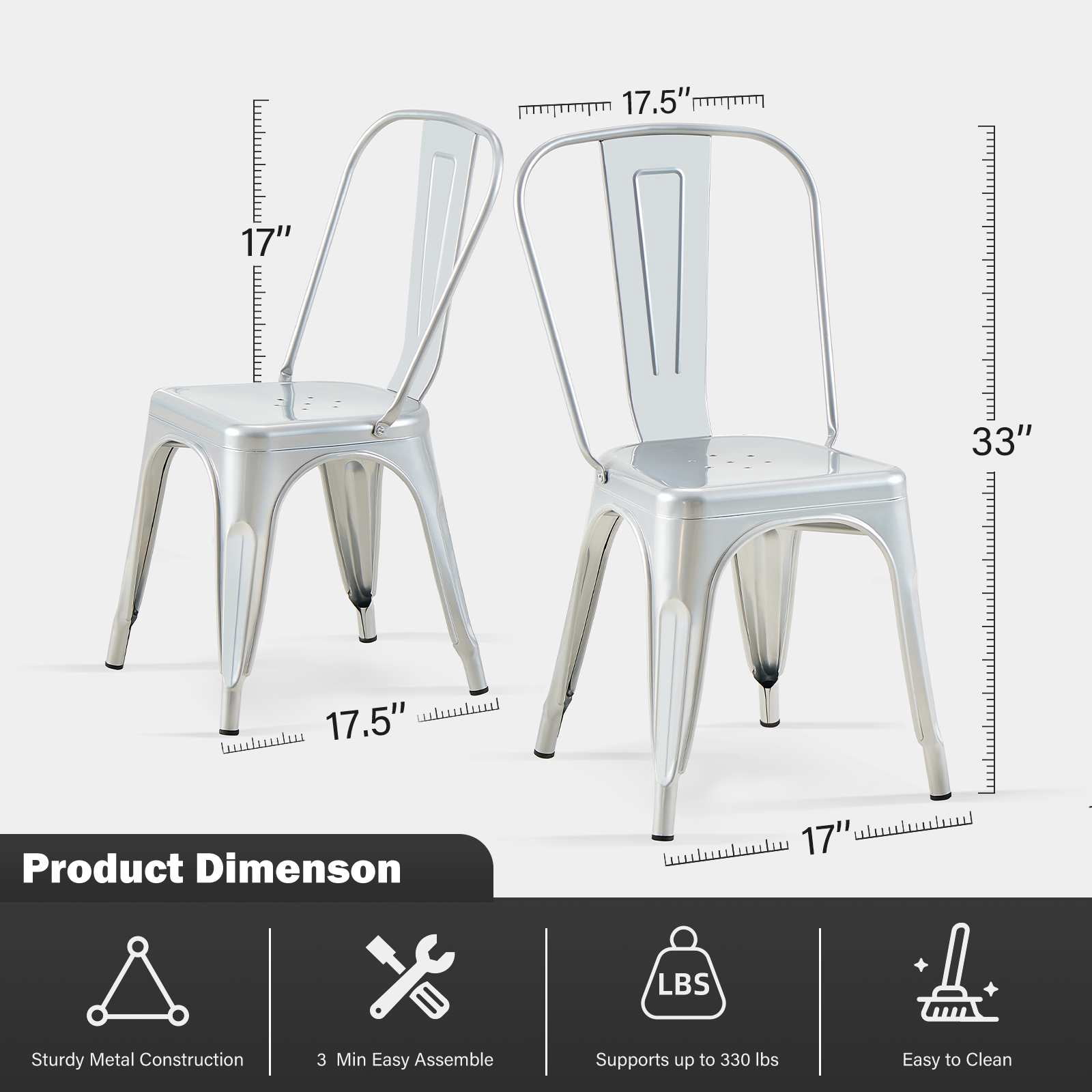 SOLEGGIATA Metal Dining Chairs Set of 4 Silver Outdoor Metal Chairs for Farmhouse Kitchen,Bistro,Dining Room,Patio Moonlight Silver Color