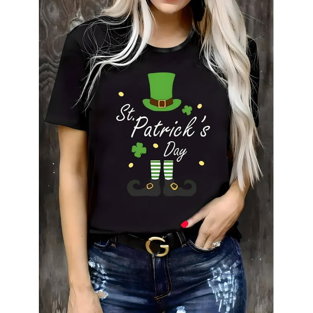 Women's St. Patrick's Day Festive T-Shirt - Black with Green Shamrock and Top Hat Graphics, Comfortable, Round Neck