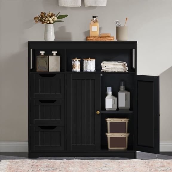 Yaheetech Freestanding Bathroom Floor Cabinet with 3 Drawers, 2 Doors, Adjustable Shelf, Black