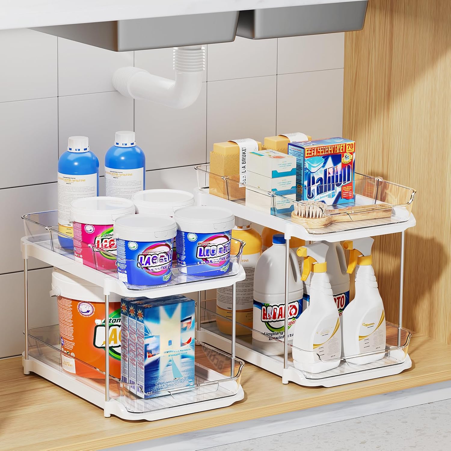3 Pack 2-Tier Bathroom Under Sink Organizers and Storage, Multi-Purpose Stackable Pantry Organization and Storage, Pull Out Clear Kitchen Bathroom Cabinet Organizer with Movable Dividers, White