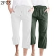 thumbnail image 4 of LIBRCLO 2PC Capri Pants for Women Drawstring Elastic Waist Loose Pants with Pockets Fashion Casual Solid Color Straight Cotton Linen Trousers, 4 of 9