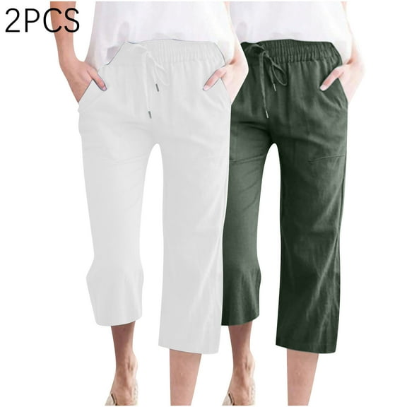 ZQUUVOU 2Pc Womens Caprice Pants Casual Solid Color Elastic Loose Pants Straight Wide Leg Trousers With Pocket Olive Green