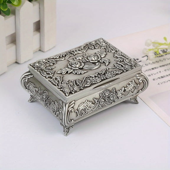Vintage Jewelry Box, Floral Engraved Trinket Box with Ring Rolls & Compartments, Small Silvery Metal Box for Home Decor & Girls Ladies Women, Small