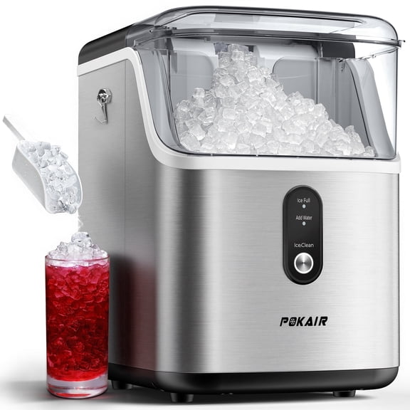 POKAIR Nugget Ice Maker Countertop, Sonic-Style Chewable Pebble Ice in 9 Min, 33 lbs/Day, Self-Cleaning, One-key Control, ETL, Brushed Stainless Steel