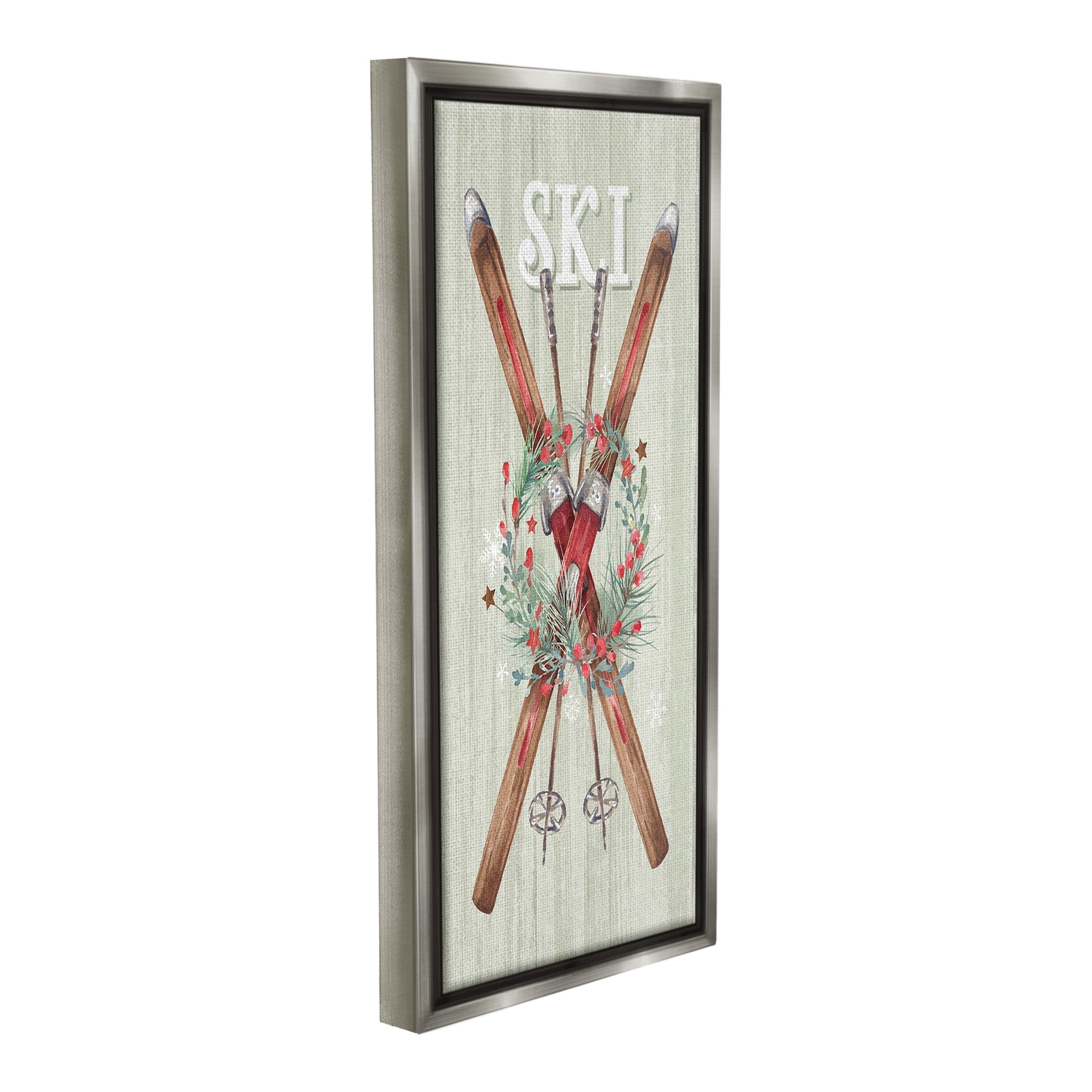 Stupell Industries Rustic Winter Skis Botanical & Floral Painting Gray Floater Framed Canvas Art Print Wall Art, 14 x 31