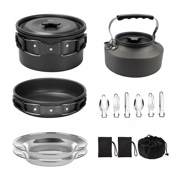1.1L Kettle & Aluminum Alloy Cookware Set with Frying Pan, Stew Pot, 2 Plates, Stainless Steel Utensils - Foldable Handles, Non-Stick, Nested Storage for Camping, Hiking, 2-3 Person Outdoor Cooking