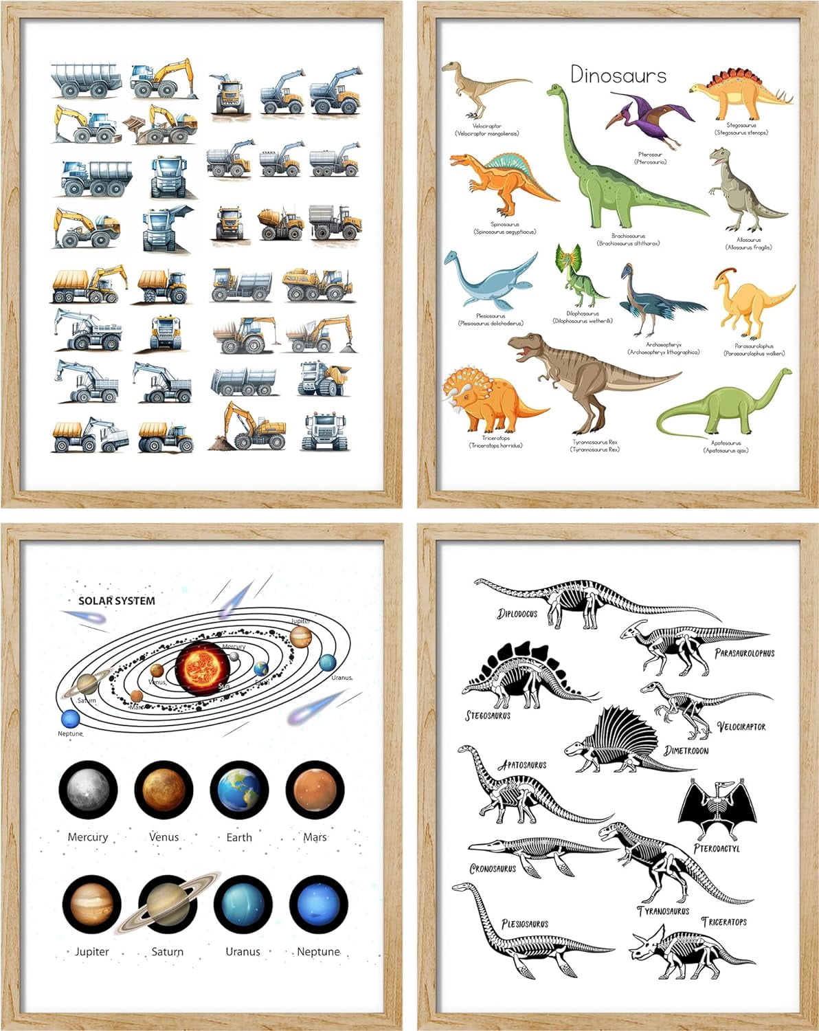 PixonSign Framed Wall Art, Dinosaur Planet Solar System Chart Posters, Adhesive Canvas Prints, Set of 4 Boy's Bedroom Illustration Wall Decor, Contemporary Décor for Living Room - 12"x16" Natural