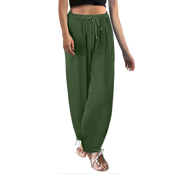 Ohufall Cotton Linen Pants for Women Fashion Casual Solid Color Drawstring Elastic Waist Trousers Loose Fit Beach Pants