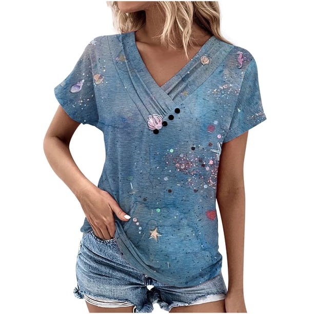 Camiseta de Manga Corta Suelta con Cuello en V Impresa, Blusa Casual para el Hogar Y el Uso Diario