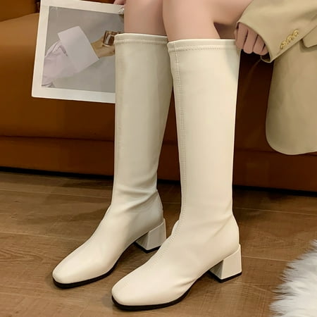 

eczipvz Womens Shoes Boots for Women Fashion Women Artificial Leather Solid Color Autumn Thick Sole Square Heels Tan Boots for Women Knee High Wide Calf White-7