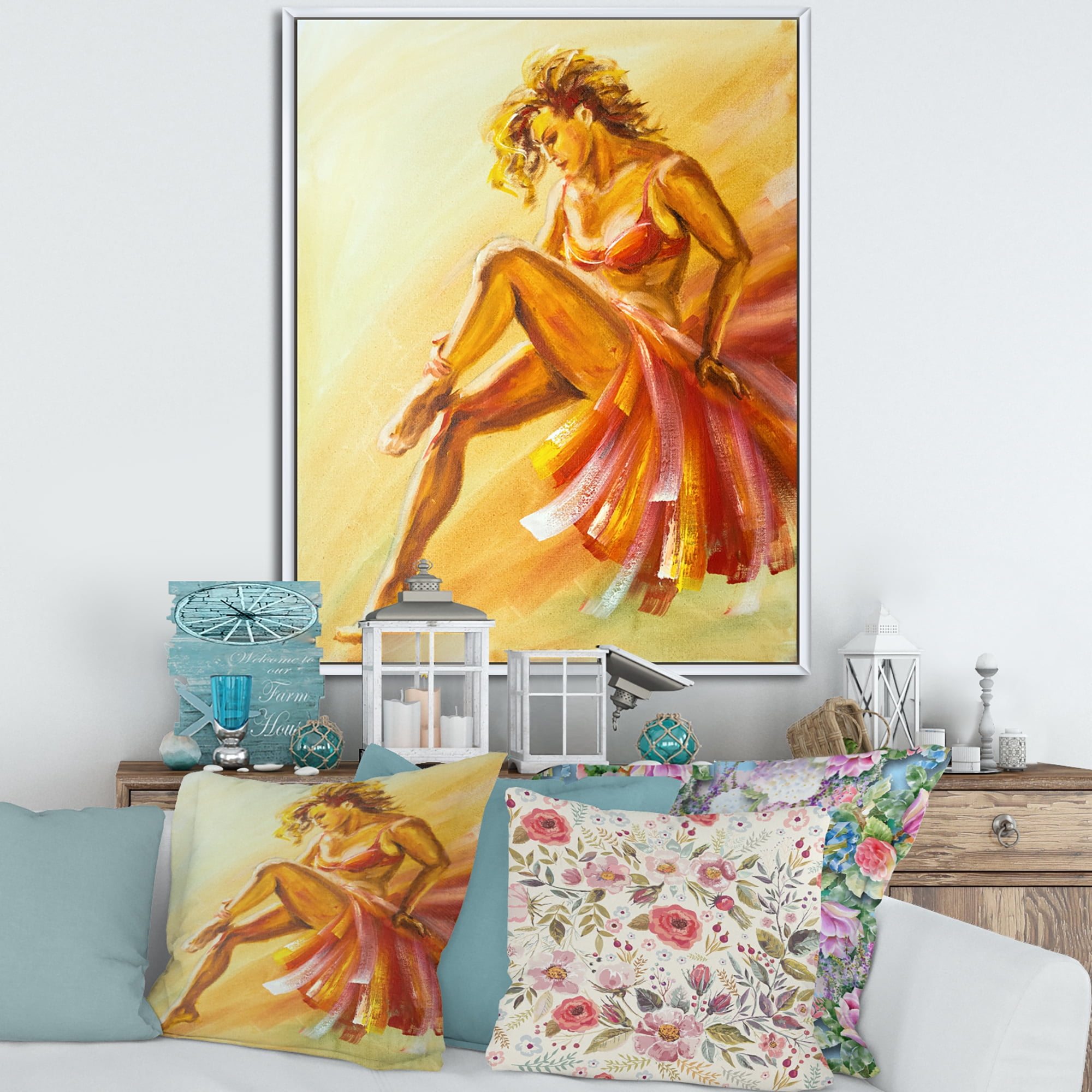 Designart 'Warm Coloured Flamenco Woman Dancer' Modern Framed Canvas Wall Art Print