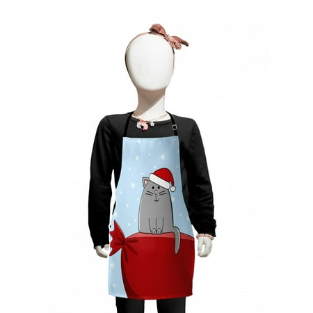 

Christmas Kids Apron Simplistic Cartoon of a Cat with Santa Sack Sitting on Presents Boys Girls Apron Bib with Adjustable Ties for Cooking Baking Painting Vermilion and Baby Blue by Ambesonne