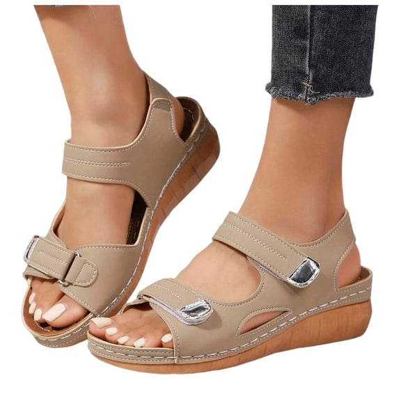 Rokment Women's Orthopedic Wedge Walking Sandals Beach Comfortable Arch Support Platform Mid Heels Non Slip Work Summer Shoes for Woman with Adjustable Straps Beige Size 6.5