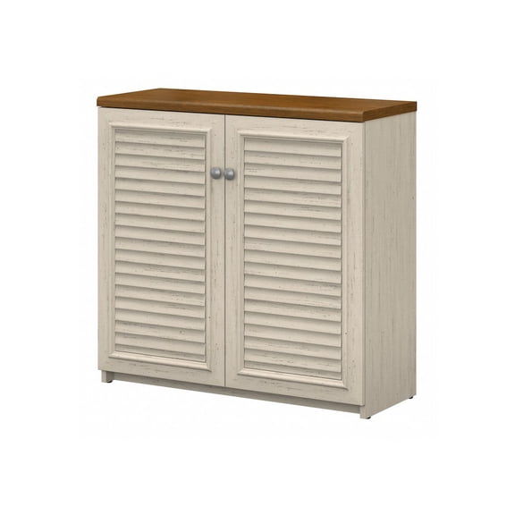 Bush Furniture Fairview Small Storage Cabinet with Doors in Antique White and Tea Maple