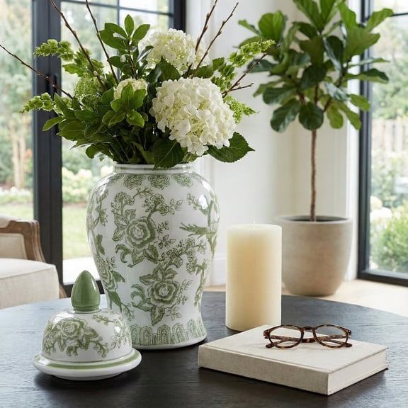 Contemporary Ceramic Jar for Living Room and Home Decor - Bird and Flower Jar Temple for House Accent or Table Decor - Modern Accent Piece for Room, Bedroom, or Office Display - 15", Green & White