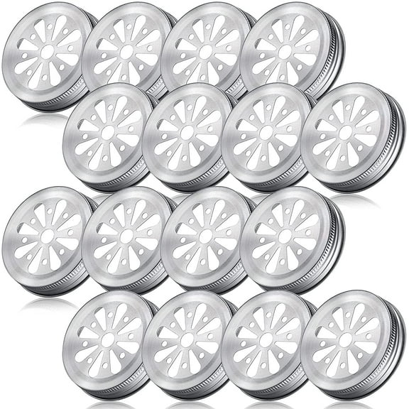 Lsupdaol 16 Pcs Daisy Mason Can Jar Lids Regular Mouth Jar Lids for Mason Canning Rustproof Daisy Cut with Straw Hole
