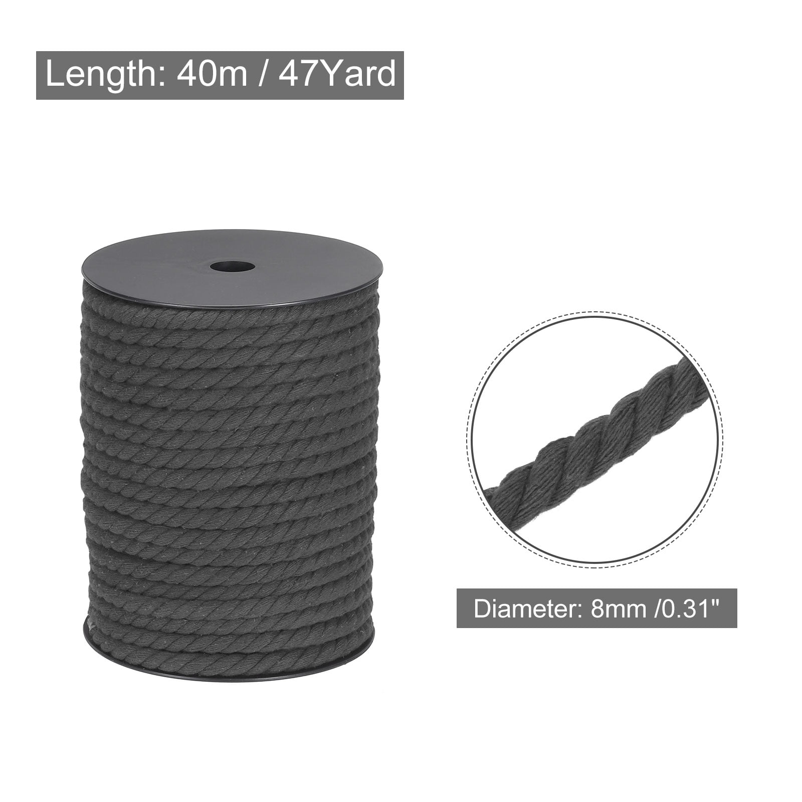 Cotton Rope 3 Strand Twisted Braided Rope Cord, Dark Gray 40m/47 Yard 8mm Dia for Wall Hanging, Plant Hanger