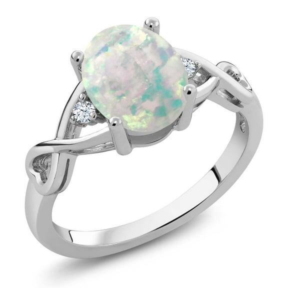 Gem Stone King 925 Sterling Silver Cabochon White Simulated Opal Ring for Women | 0.69 Cttw | Oval 9X7MM | Gemstone Birthstone | Available in Size 5, 6, 7, 8, 9