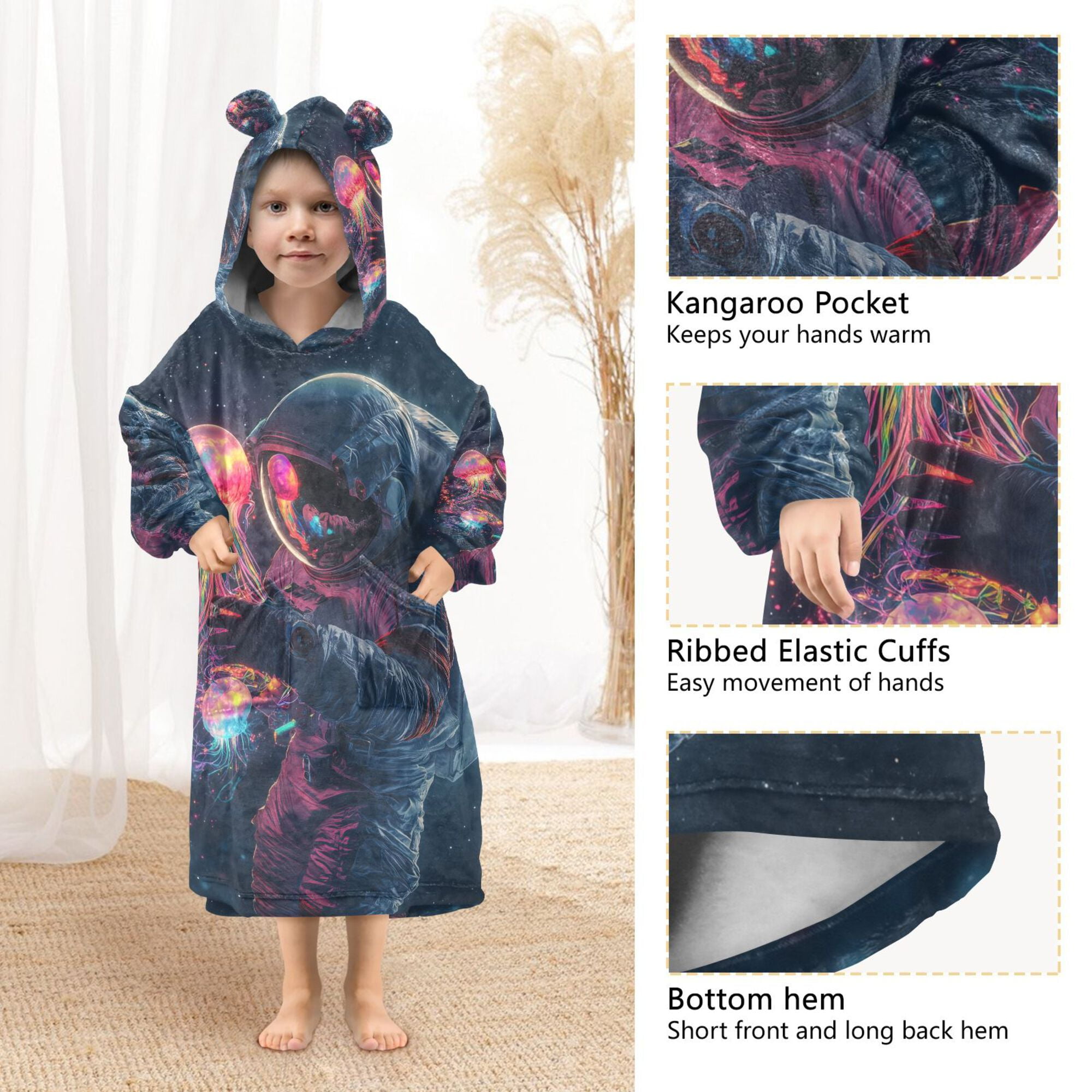 FORMRS Wearable Blanket Hoodie with Sleeves for Kids Cozy Flannel Sweatshirt, Glowing Jellyfish