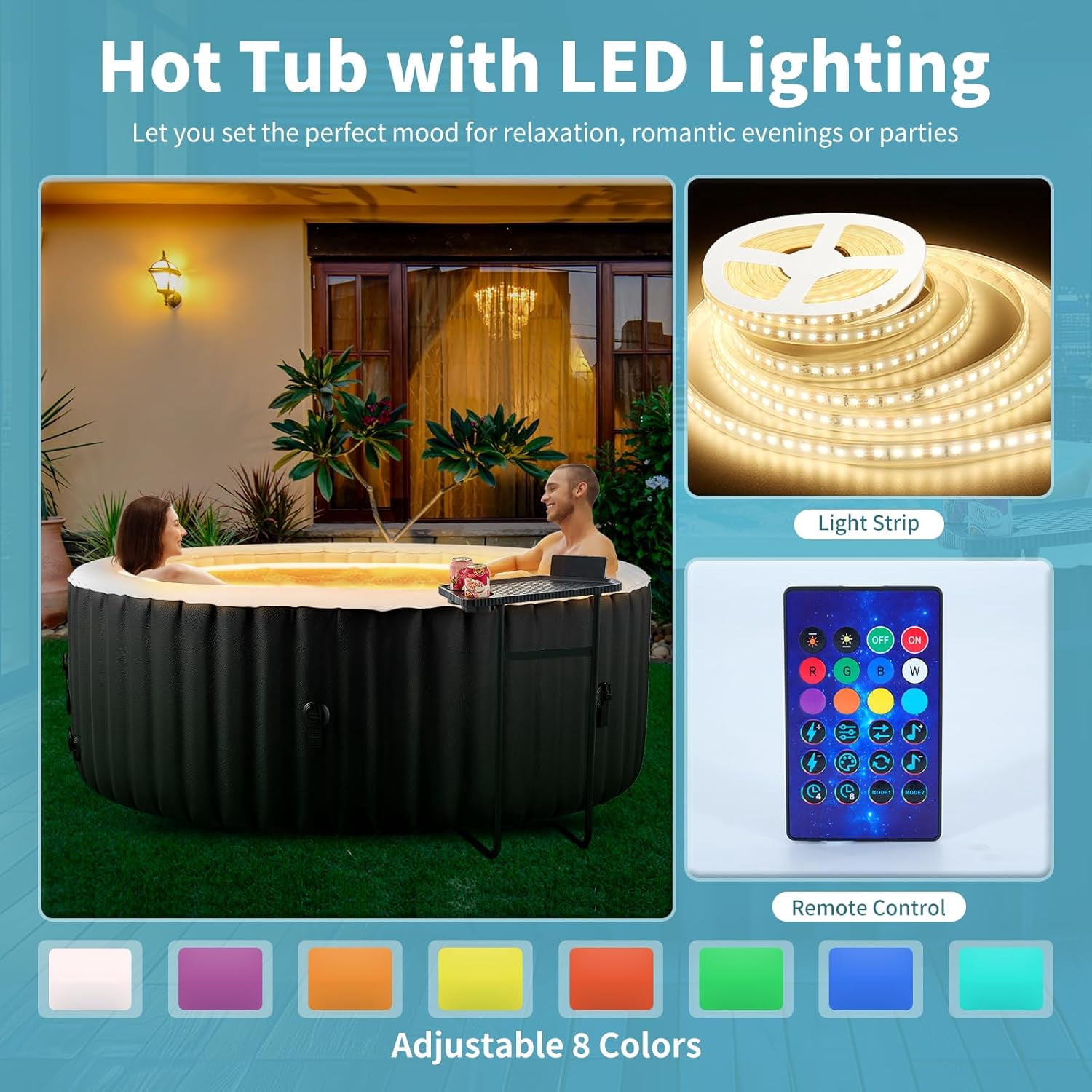 211 Gallon Inflatable Hot Tub 4 Person Round with LED Lights, Portable Outdoor AirJet Hot Tub Spa with 110 Bubble Jets, Filter, Insulated Tub Cover and Floor Protector, Temperature up to 104°F