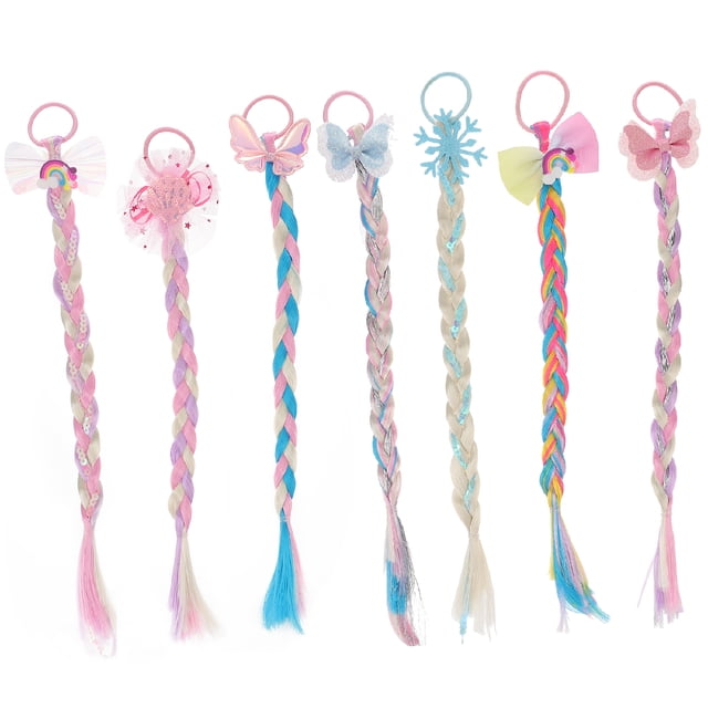 7 extensiones de cabello trenzado de colores para niñas con bandas elásticas, tocado de fiesta