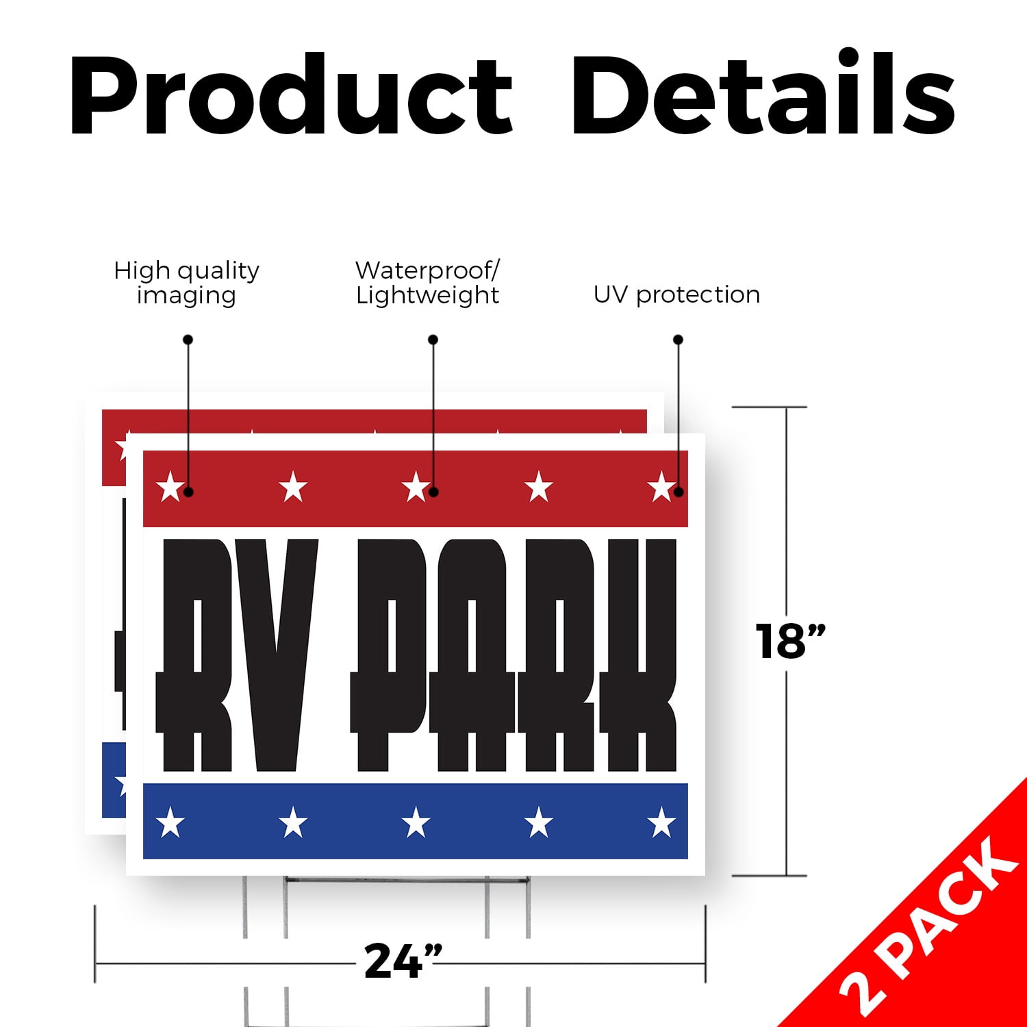 RV Park Yard Sign 2 Pack of 18 Inch x 24 Inch Double Sided Weatherproof Heavy-Duty Plastic with Stake | Outdoor Adventures, Camping Sites, Clear Messaging | Made in USA