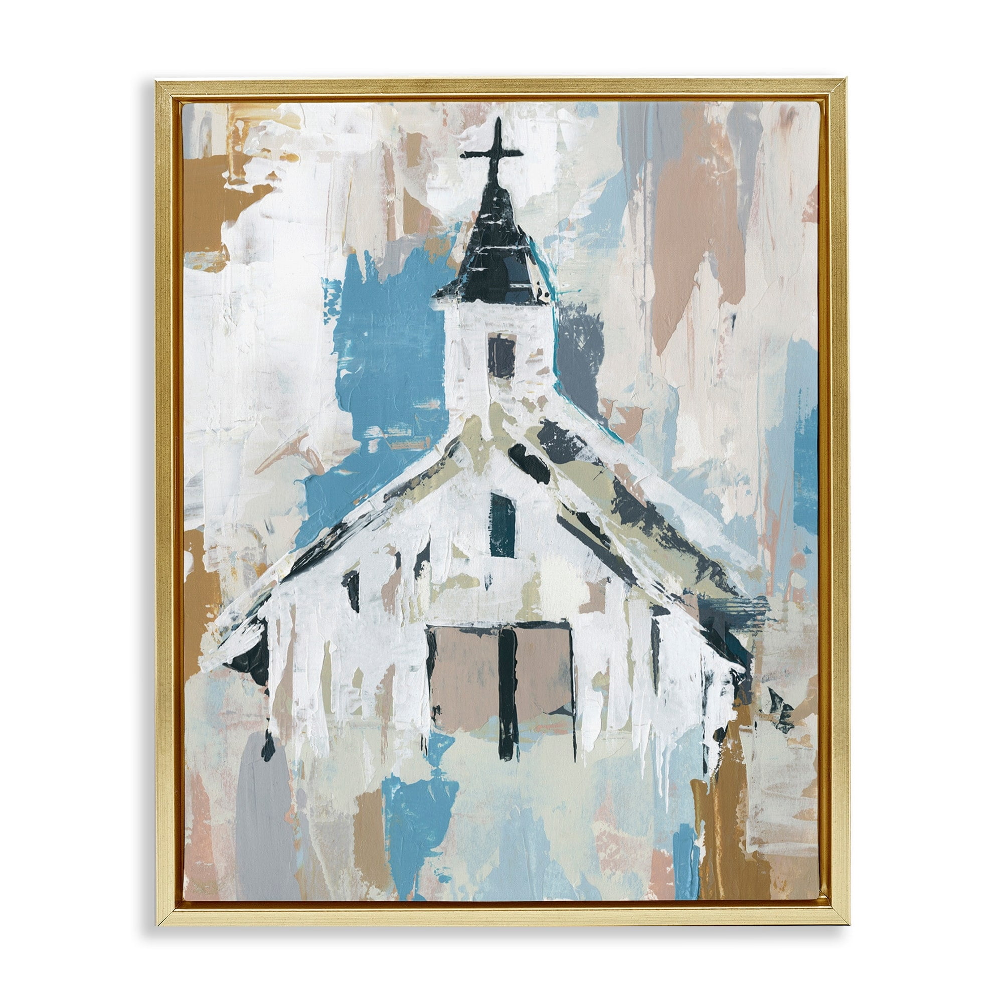 Stupell Industries Distressed Country Church House Abstract Pattern Metallic Gold Framed Floating Canvas Wall Art, 16x20, by Annie Warren