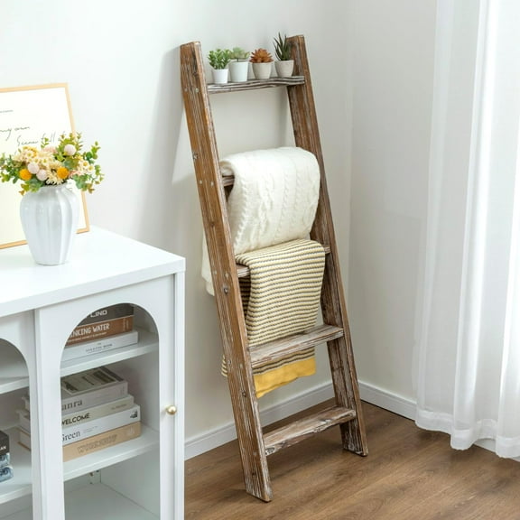 Decorative Ladder Shelf, 4.5 Foot Wall Leaning Wooden Towel Blanket Ladder Storage Rack for Bathroom or Living Room, Torched Brown Wood