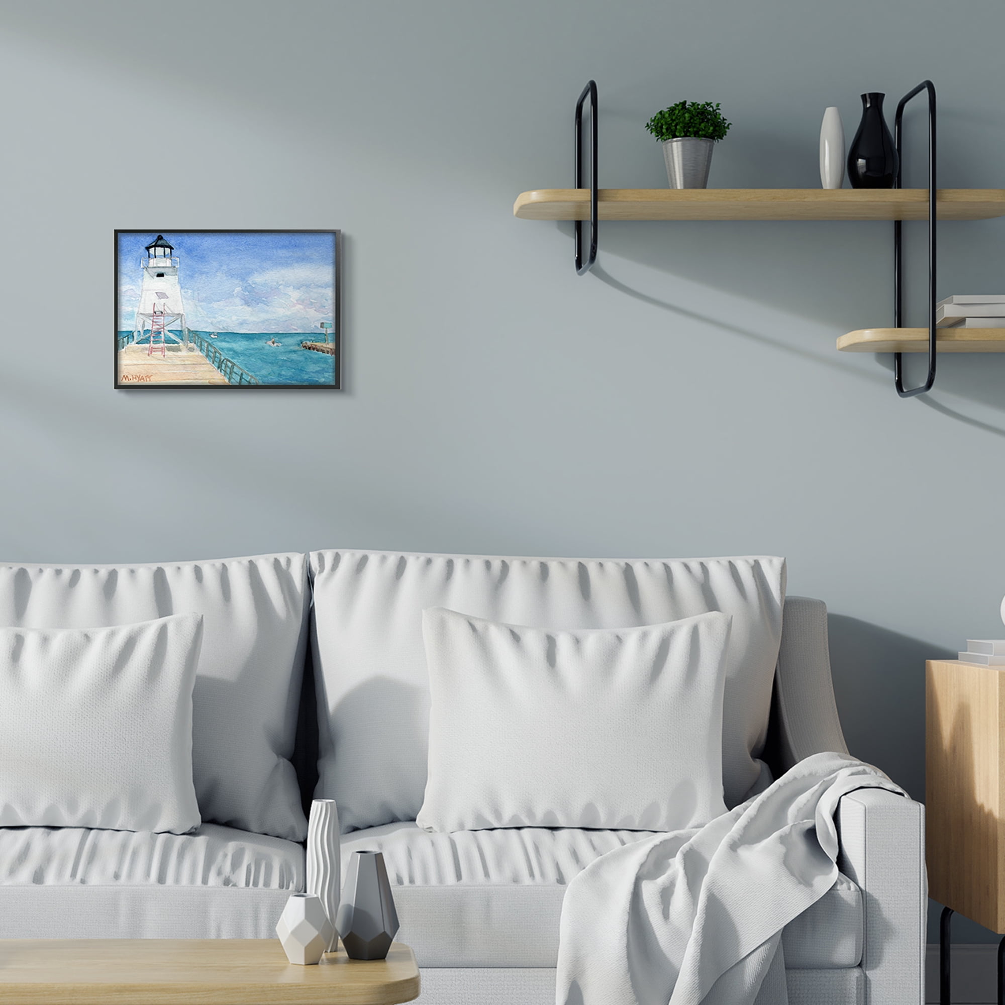 Stupell Industries Boardwalk Leading to Lighthouse Seaside Landscape Black Framed, 11 x 14, Design by Melissa Hyatt LLC