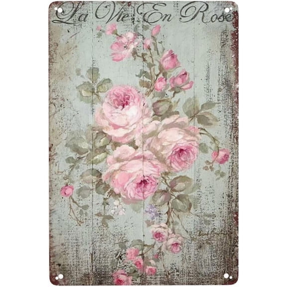 Dusty Pink Shabby Chic Rose Print Tin Sign Vintage Floral Wall Art for Farmhouse Home Bathroom Decoration 8x12 Inch