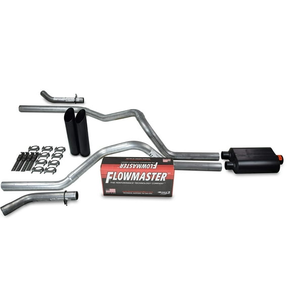 Truck Exhaust Kits - Shop Line Dual Exhaust Sytem 2.5 inch Aluminized Pipe Flowmaster Super 40 Muffler Black Tips With Corner Exit Adapters